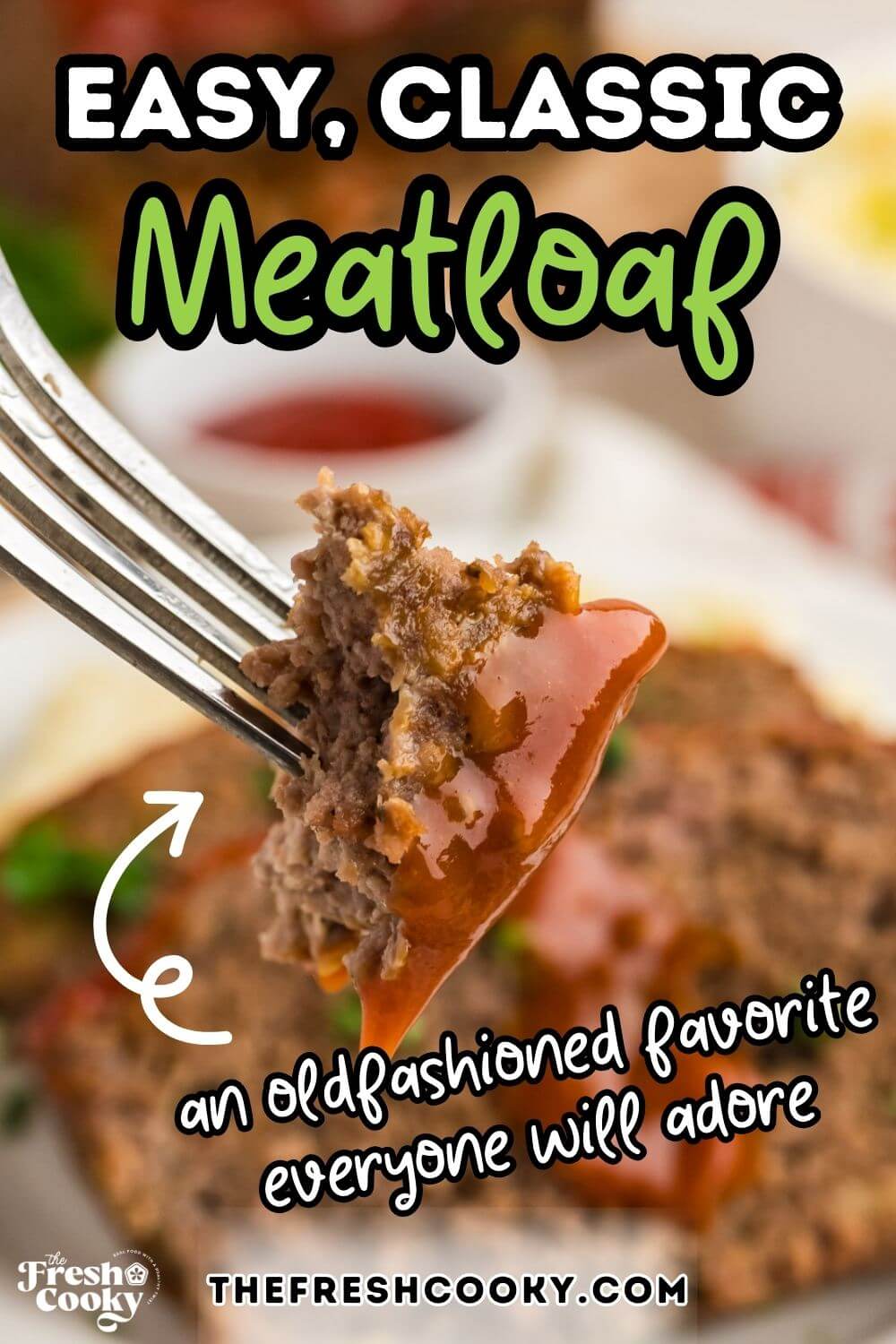 A bite of juicy meatloaf with glaze on a fork, to pin.