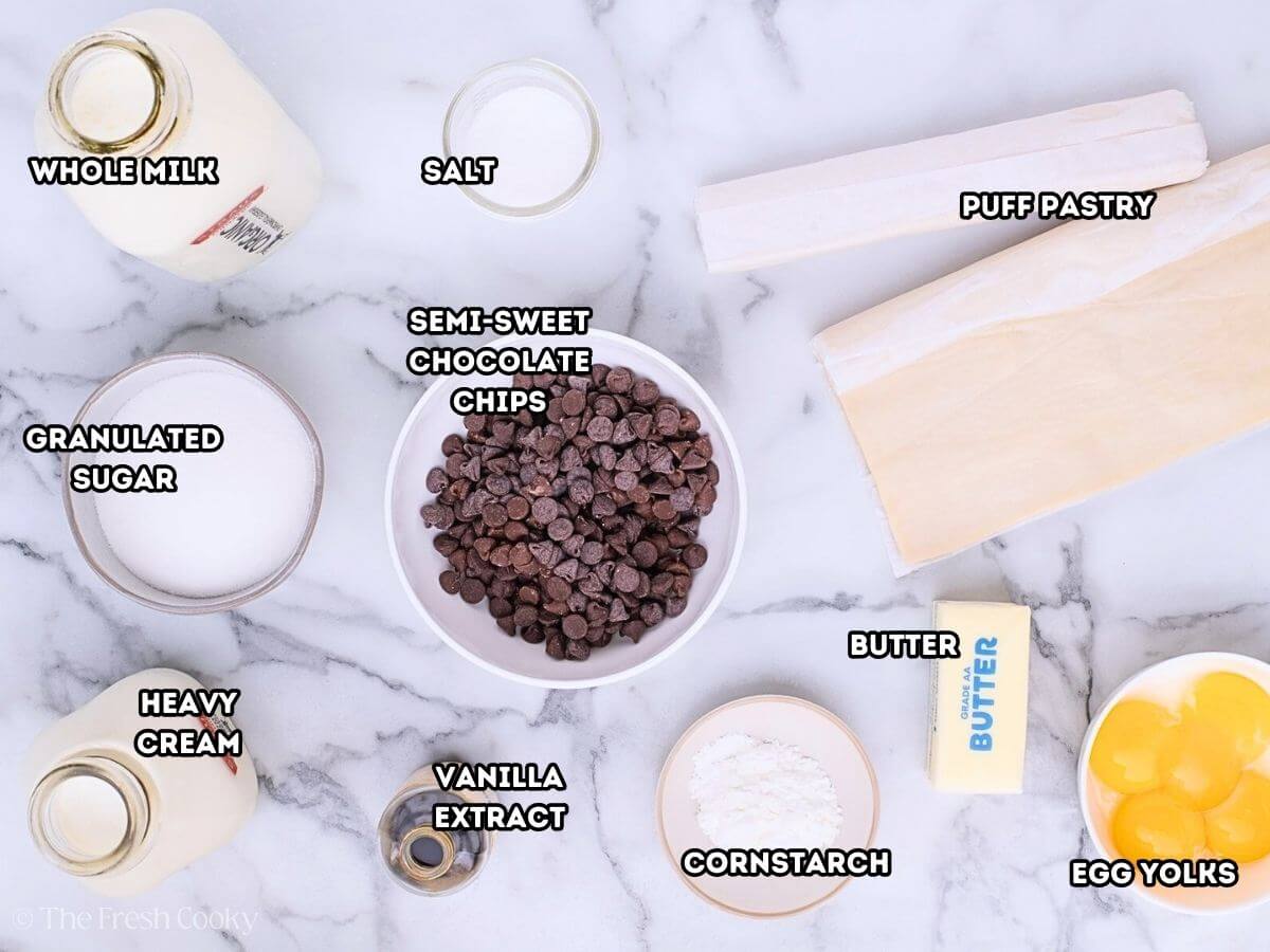 Labeled photo of ingredients needed to make chocolate eclair cake.
