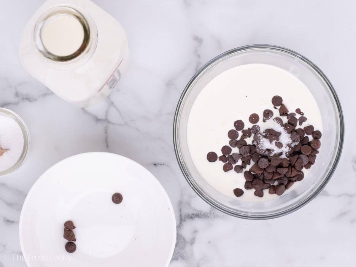 Cream, chocolate chips, and salt in a mixing bowl.