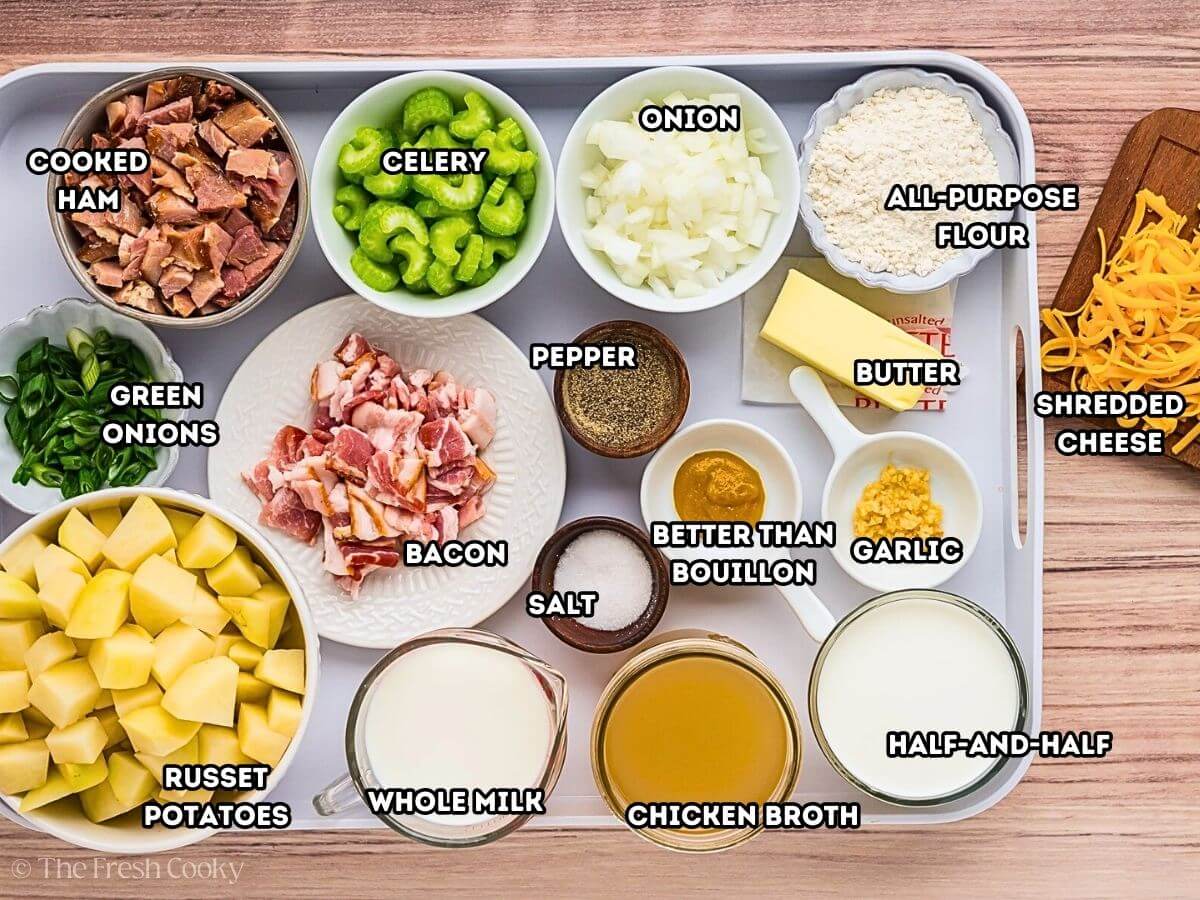 Labeled photo of the ingredients needed to make ham and potato soup.