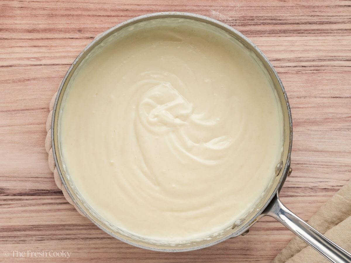 Combination of butter and flour cooked in a saucepan to make a roux.