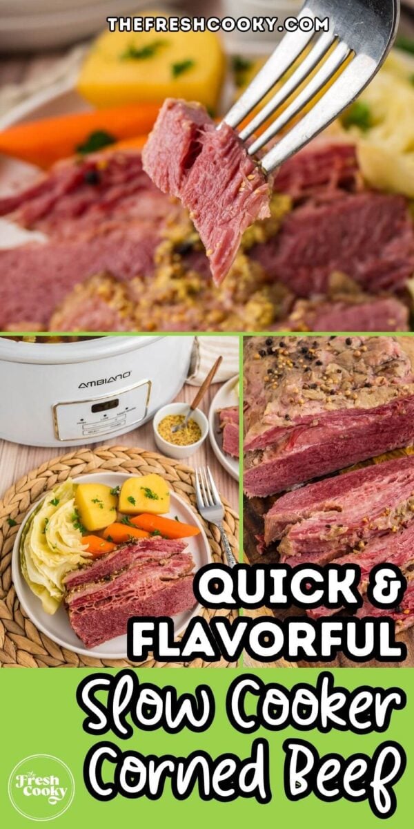 Various stages of making crock pot corned beef and cabbage, for pinning.