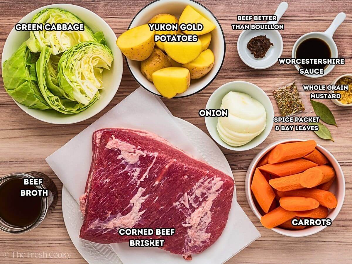 Labeled photo of the ingredients needed to make slow cooker corned beef.