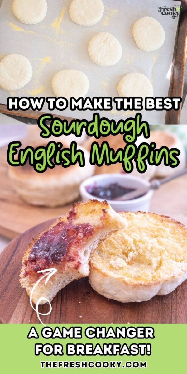 Sourdough discard English muffin toasted with butter and jelly on a plate.