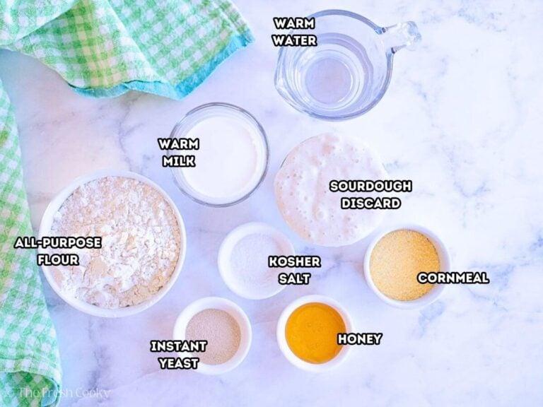 Labeled photo of the ingredients needed to make sourdough discard English muffins.