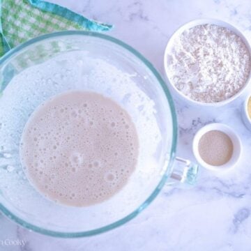 Yeast blooming in the warm water and milk in a stand mixer bowl.