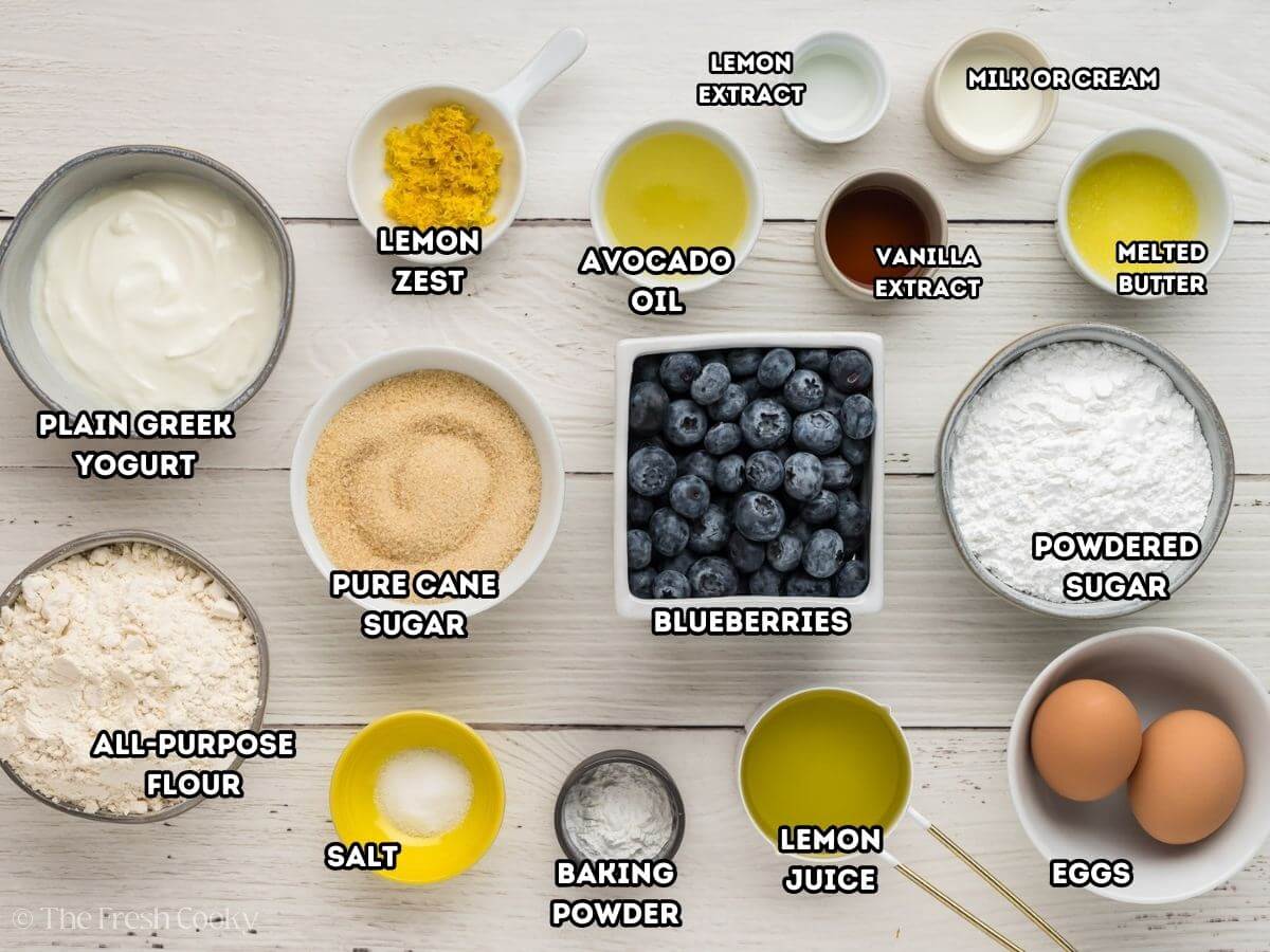 Labeled photo of ingredients needed to make lemon blueberry bread.