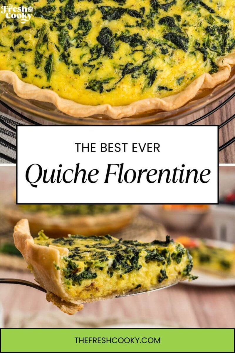 Quiche florentine whole quiche and slice on a server, for pinning.