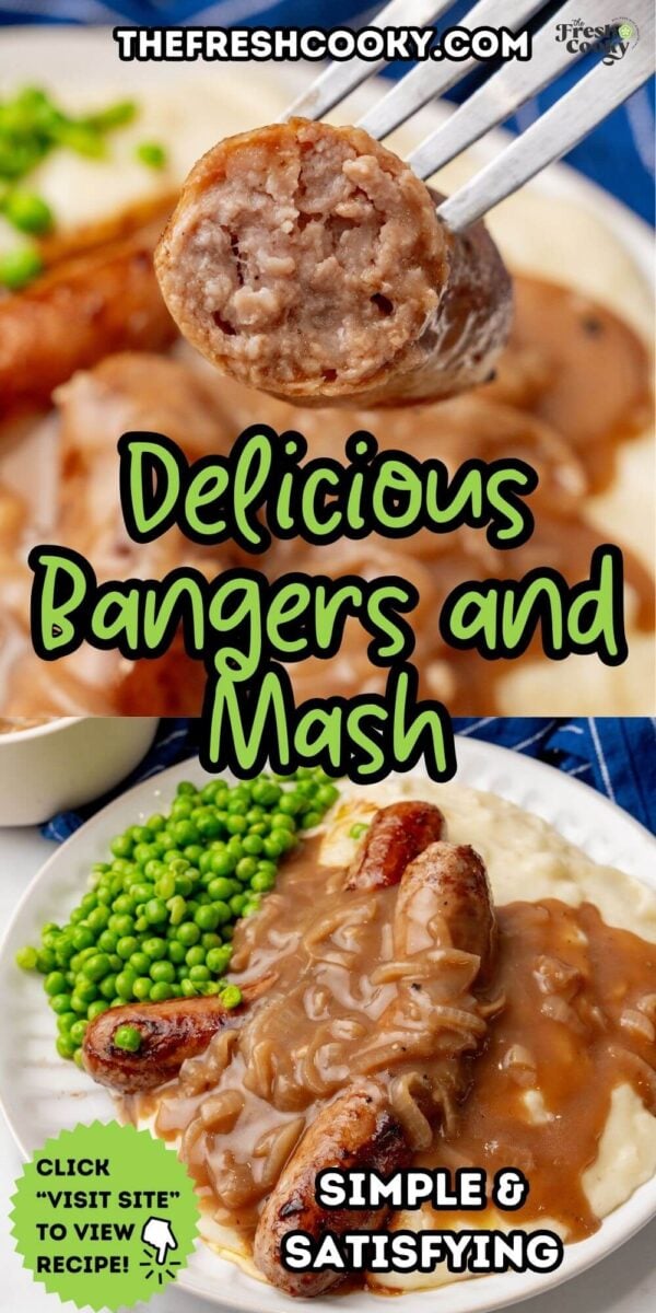 Showing a bite of bangers and mash, with a plate full too, to pin.