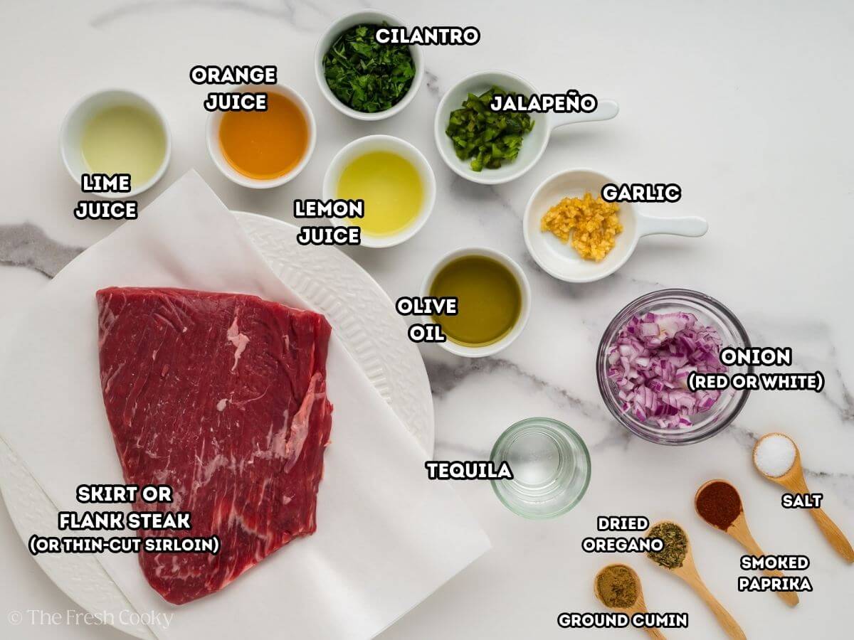 Ingredients needed to make carne asada tacos.