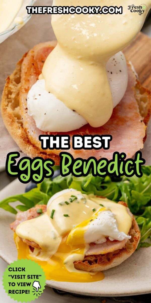 Eggs benedict being assembled and on a plate with gooey yolk, to pin.