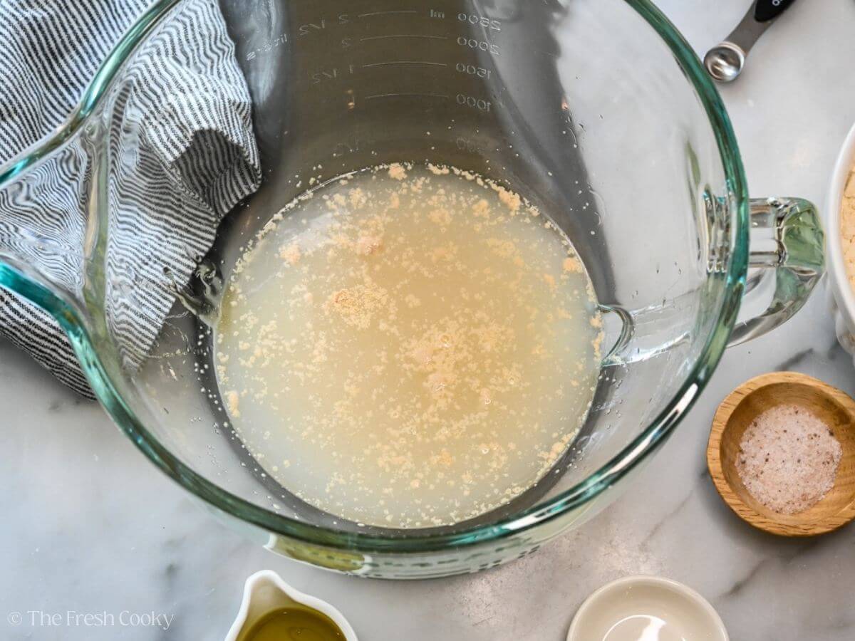 Water and yeast together in a stand mixer bowl.