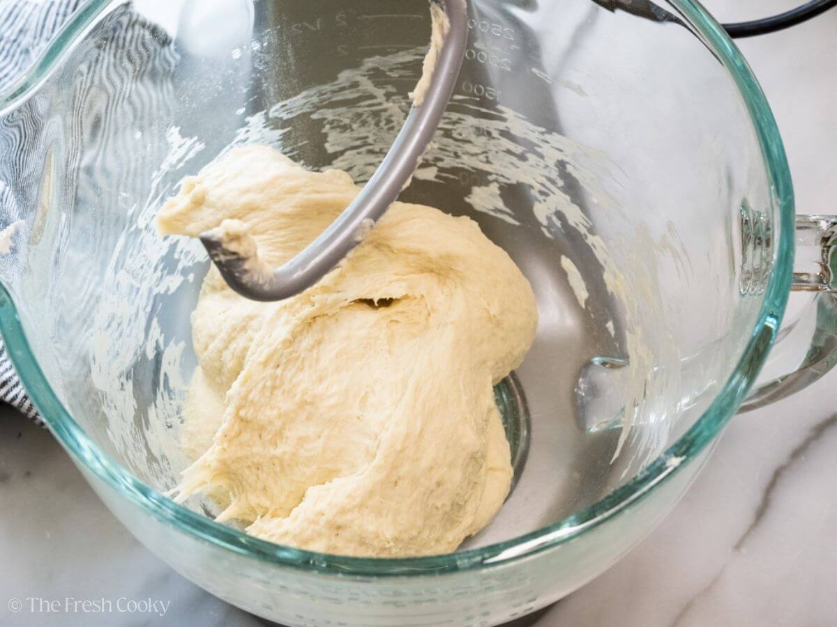 Bread dough kneaded in the stand mixer with a dough hook until the dough doesn't stick to the sides.