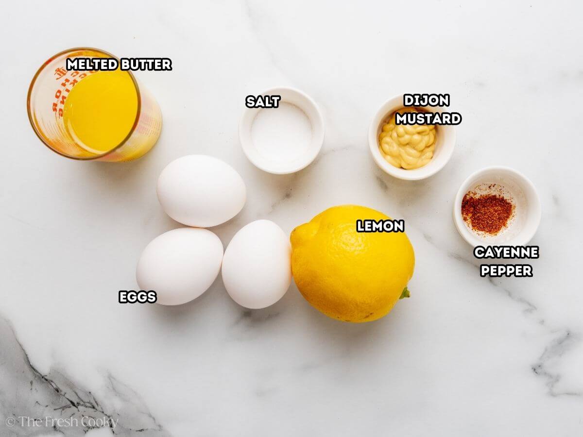 Ingredients needed to make blender hollandaise sauce.