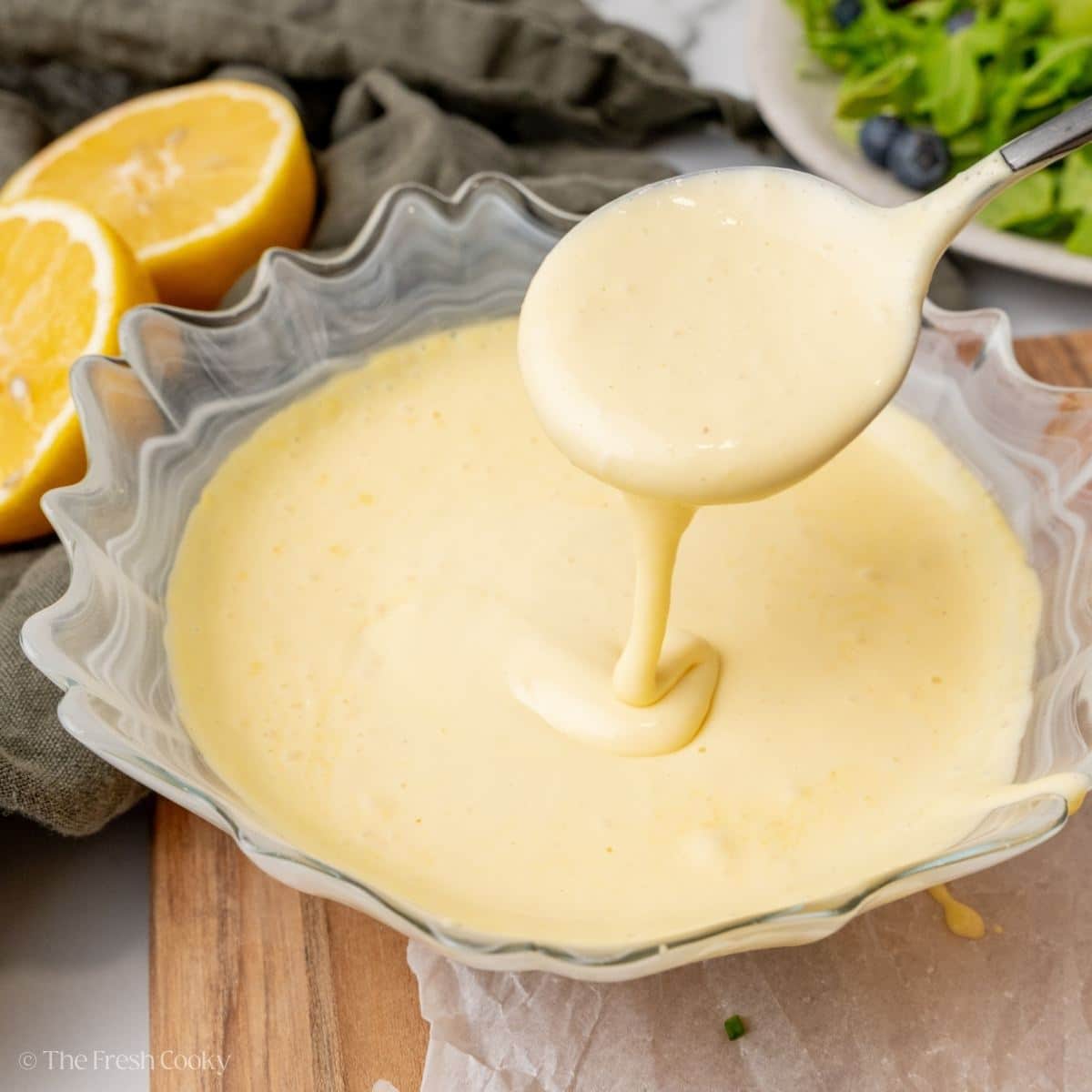 Creamy hollandaise sauce in a bowl.