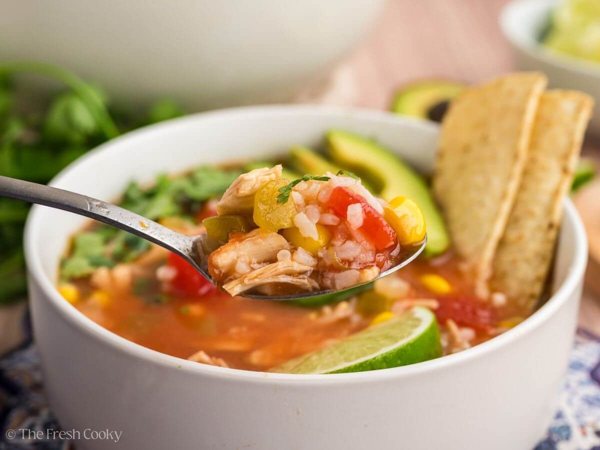 A spoonful of chicken tortilla soup.