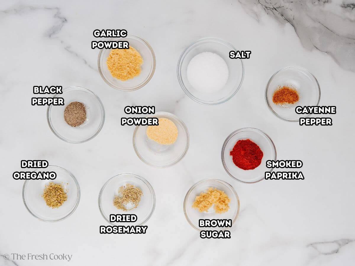 Ingredients needed to make homemade steak seasoning.