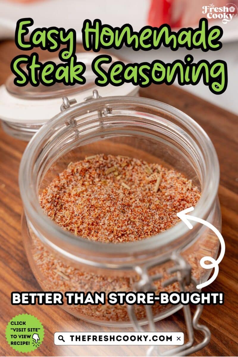 Close up of steak seasoning in a glass jar, to pin.