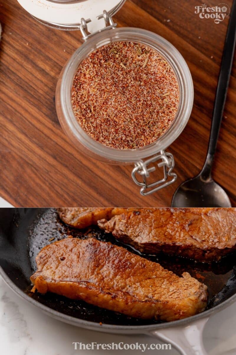 Well seasoning steak in a pan and steak seasoning in a jar - for pinning.