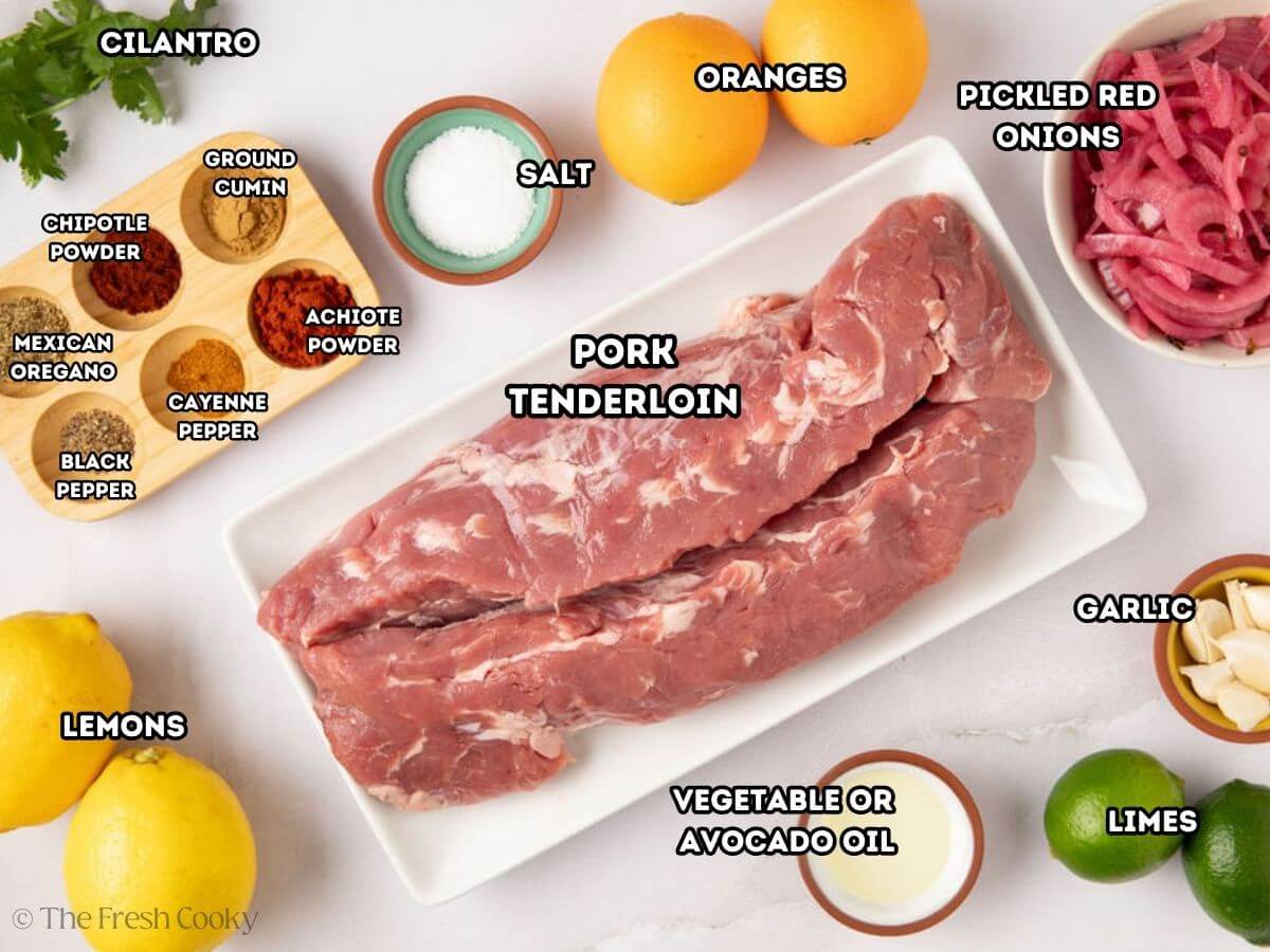 Ingredients needed to make achiote pork tenderloin.