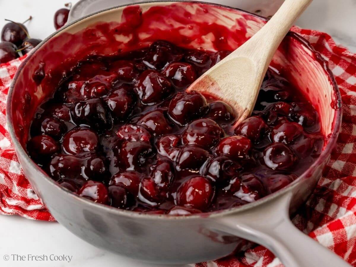 Cherry pie filling in a skillet.