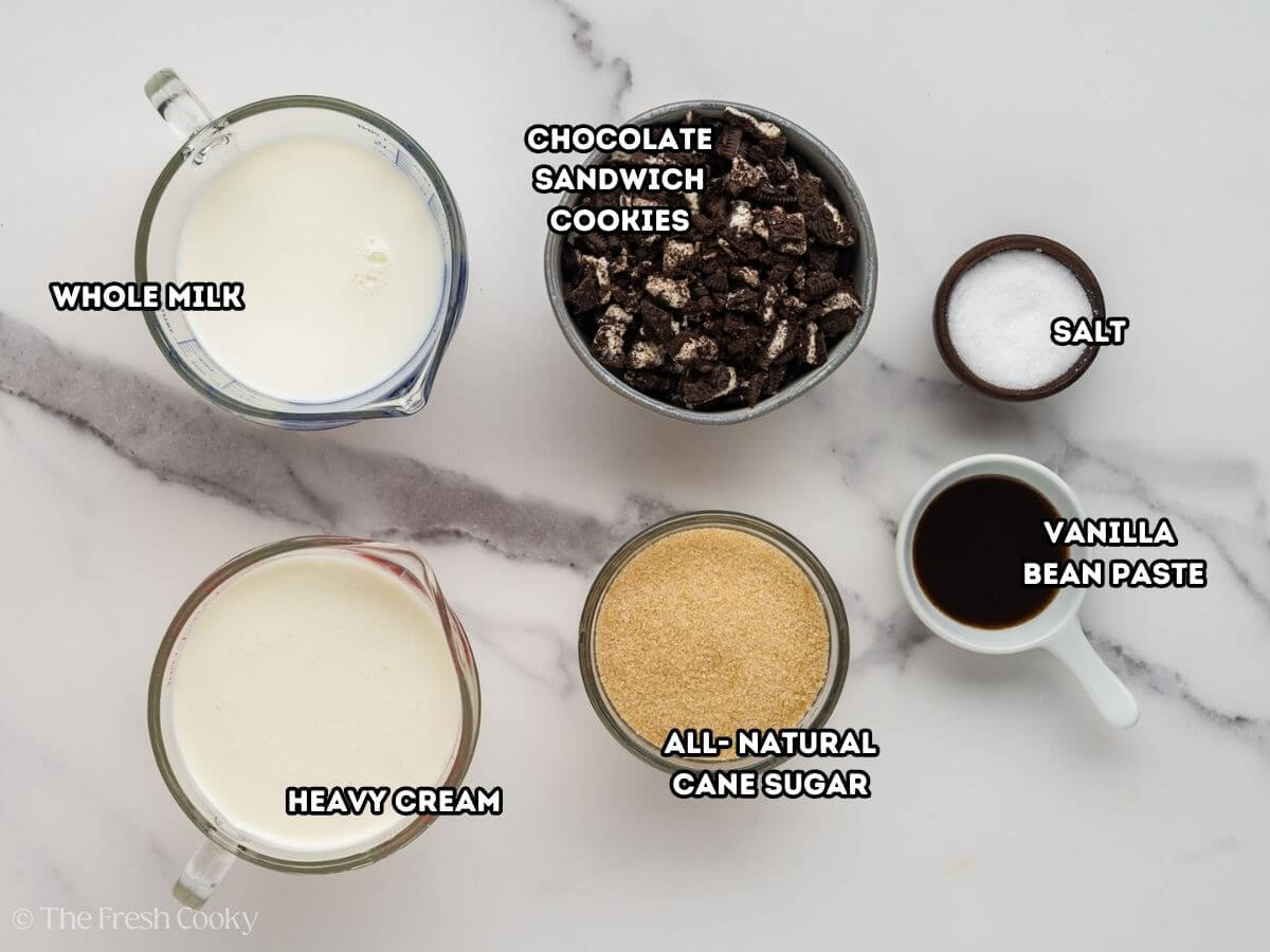 Ingredients needed to make cookies and cream ice cream.