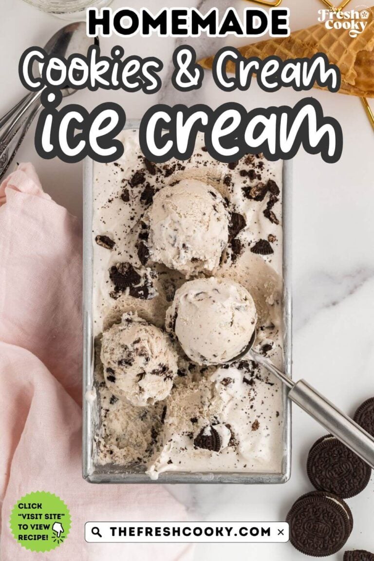 A container of creamy vanilla based cookies and cream ice cream, loaded with cookies, to pin.