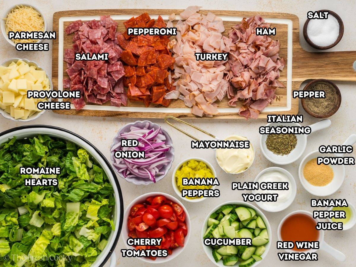 Ingredients needed to make the viral Grinder salad recipe.