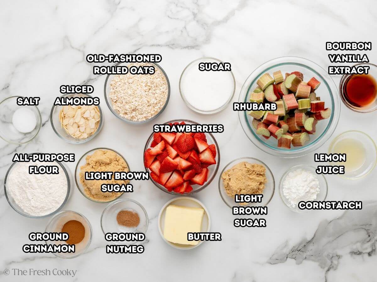 Ingredients needed to make strawberry rhubarb crisp.