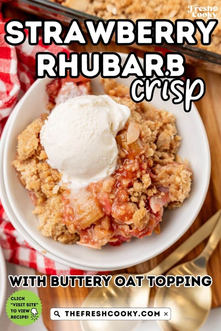 A bowl filled with sweet tart strawberry rhubarb crisp topped with ice cream, to pin.