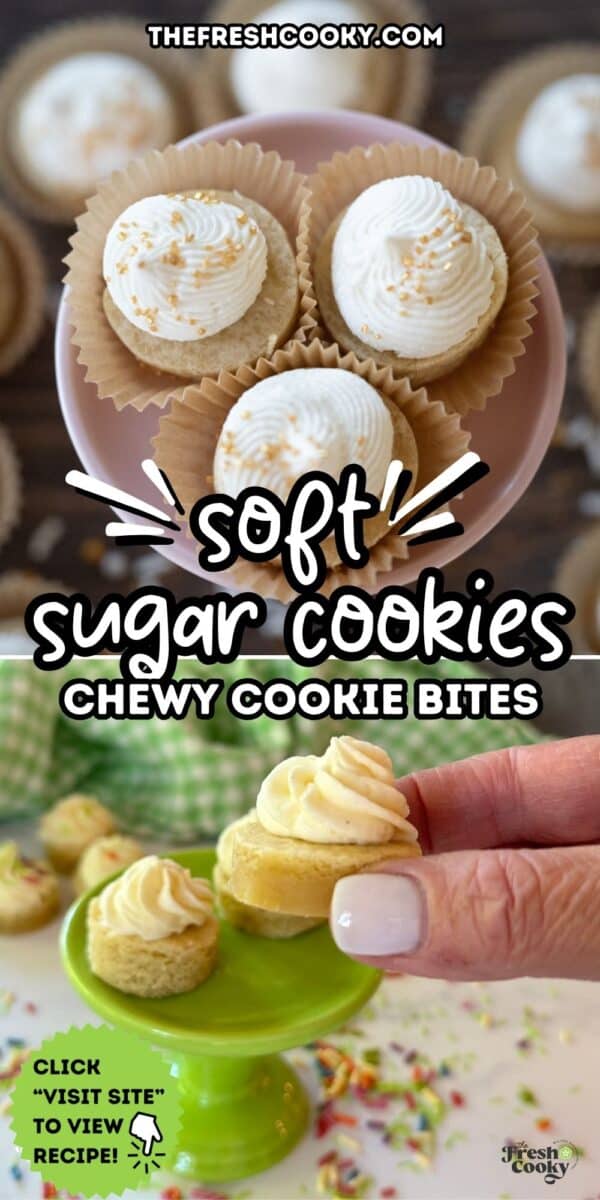 For pinning, soft, sugar cookie bites with fluffy frosting on top.