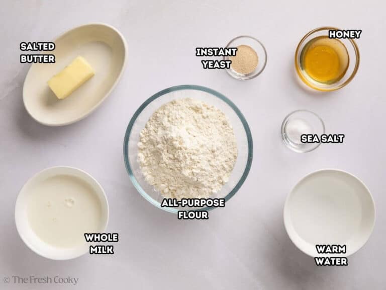 Ingredients needed to make white sandwich bread at home.