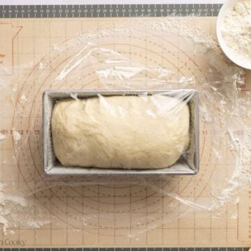 White sandwich bread dough risen in the loaf pan and covered with a piece of plastic wrap.