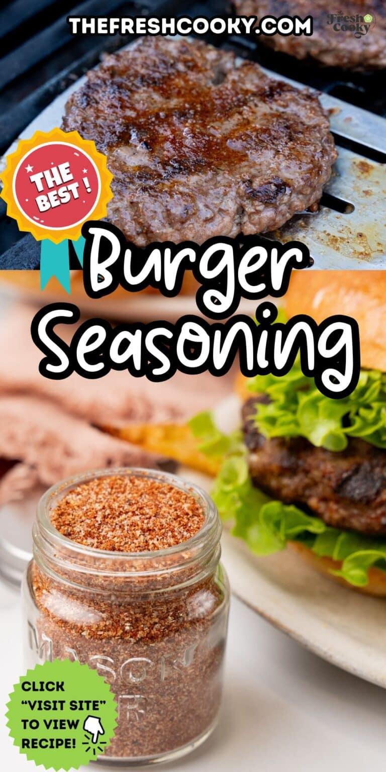 Grilled burger with seasoning and burger seasoning in jar, for pinning.
