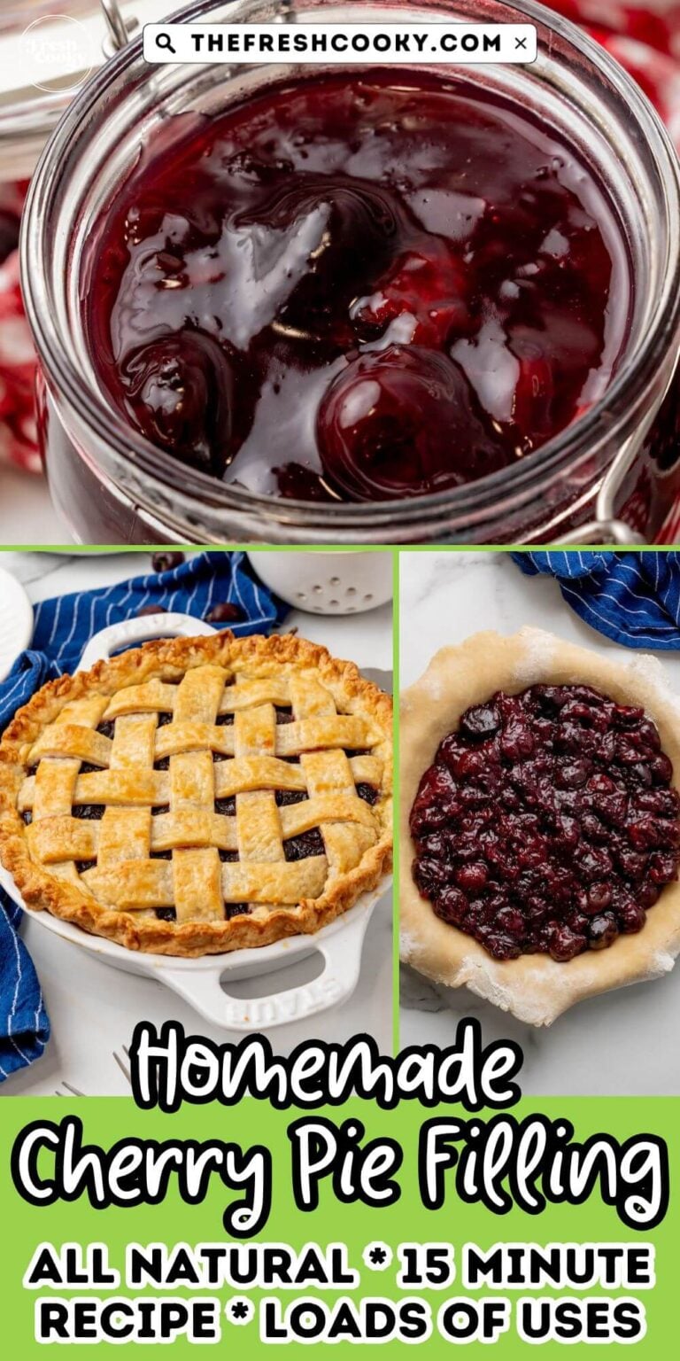 Cherry pie filling in a jar, in a pie crust and baked cherry pie for pinning.