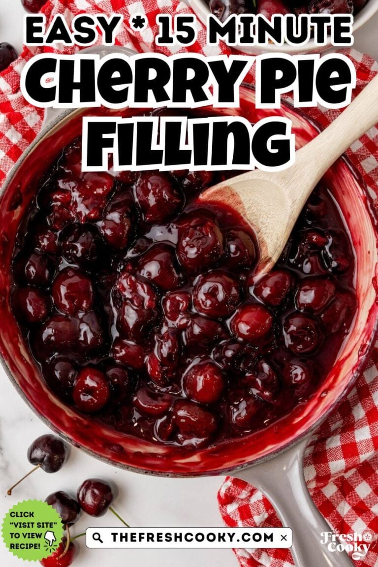 Saute pan with glossy and gooey cherry pie filling, to pin.