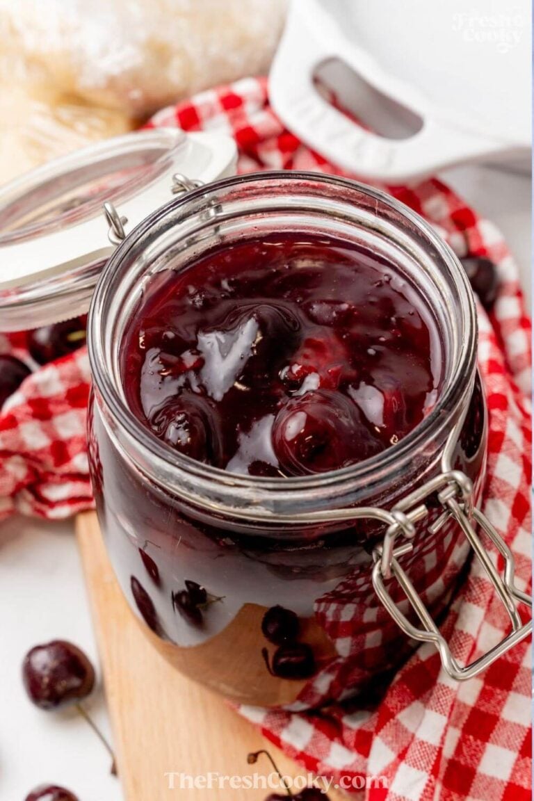 A jar of cherry pie filling ready to use, for pinning.