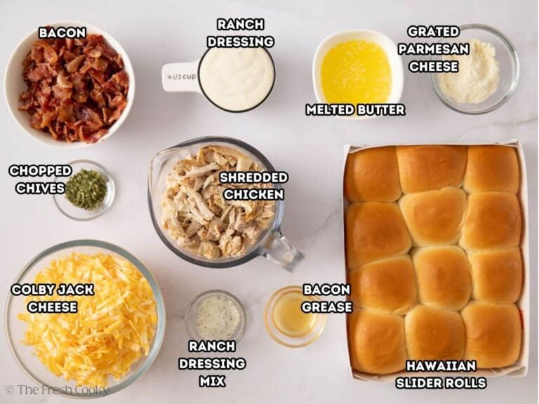 Labeled photo of the ingredients needed to make chicken bacon ranch sliders.