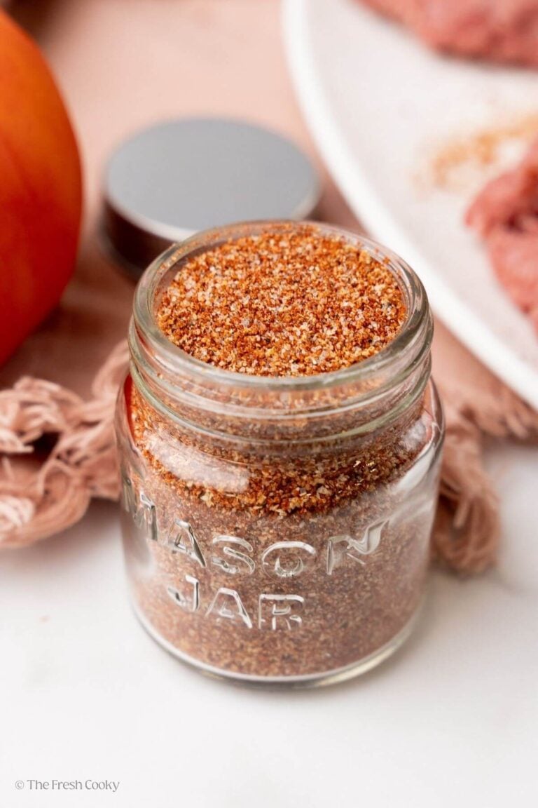 Homemade hamburger seasoning in a jar.
