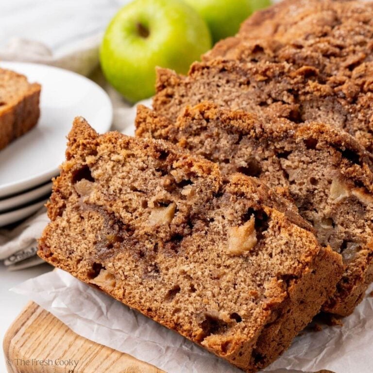 Slices of apple cinnamon bread leaning on each other.