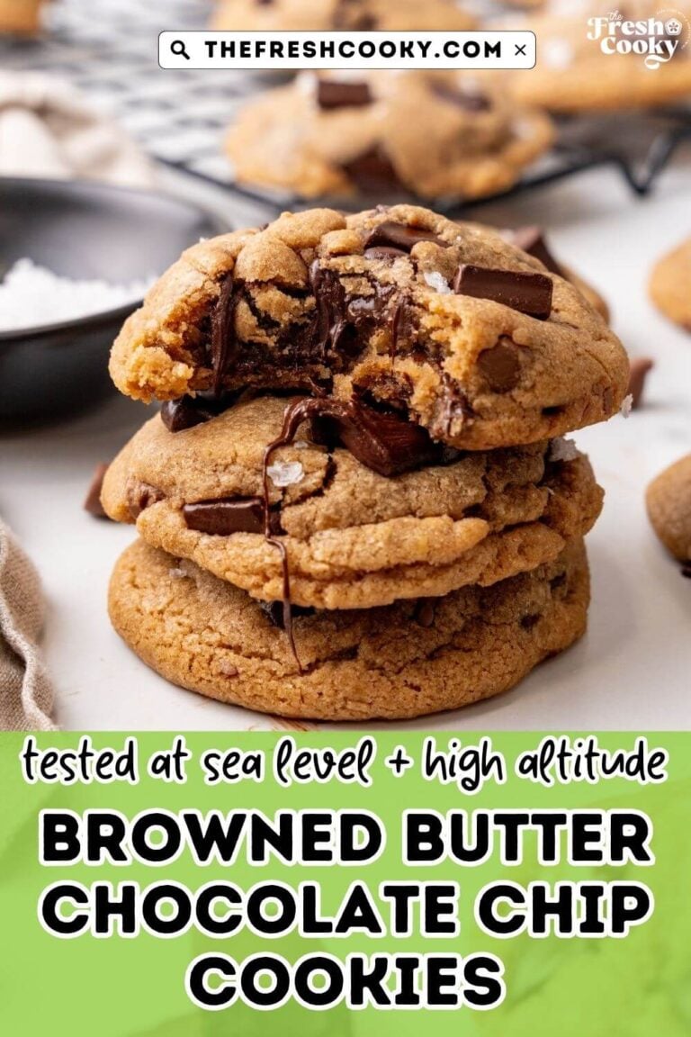 Browned butter chocolate chip cookies stacked with a bite taken, for pinterest.