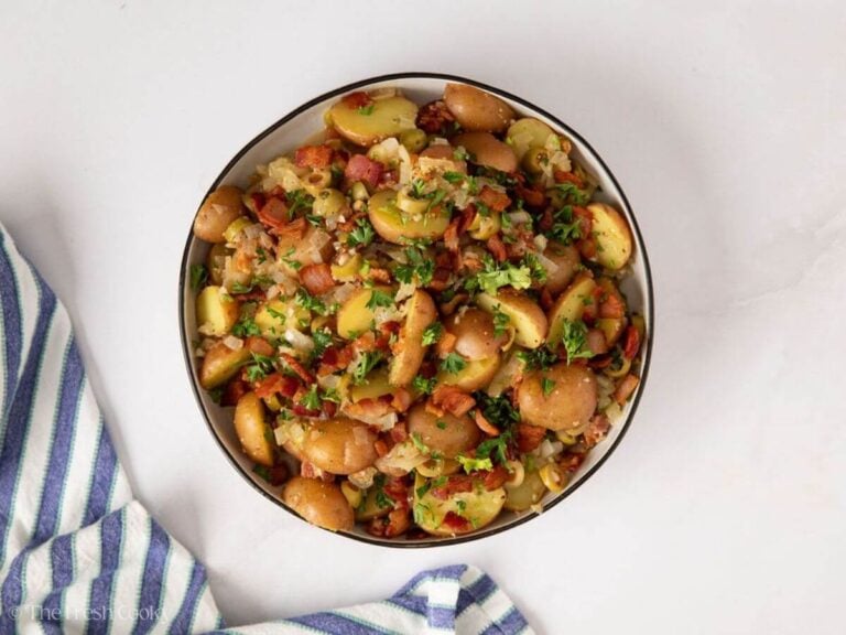 German potato salad served in a serving dish.