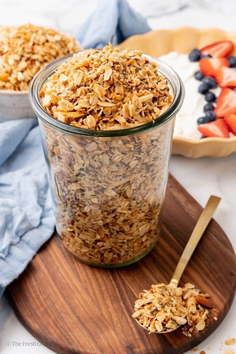 Granola in a glass jar for gifting.
