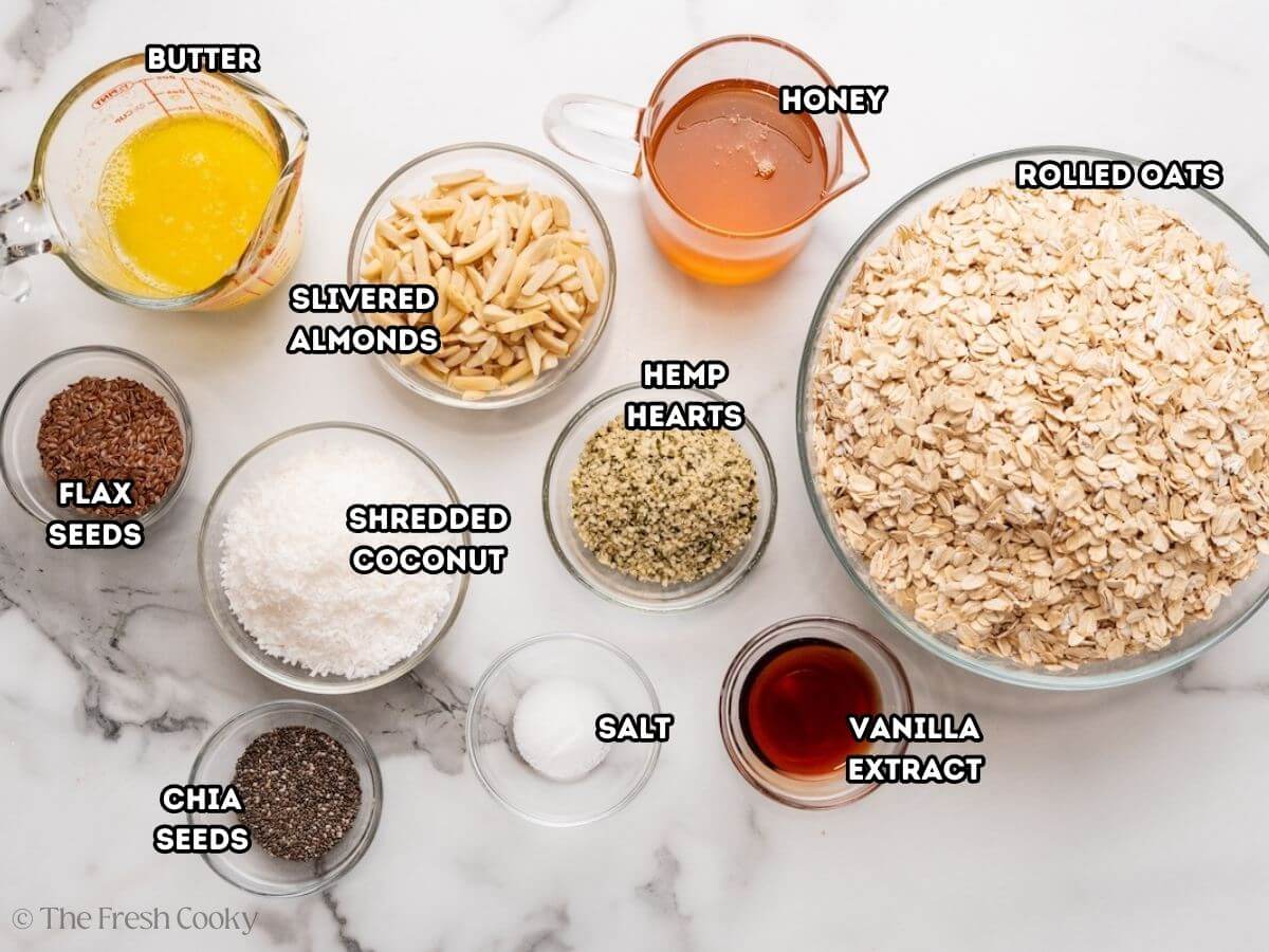 Granola ingredients, labeled.