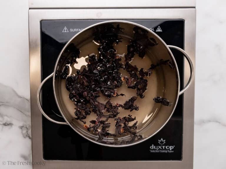 Simmering hibiscus syrup ingredients. 