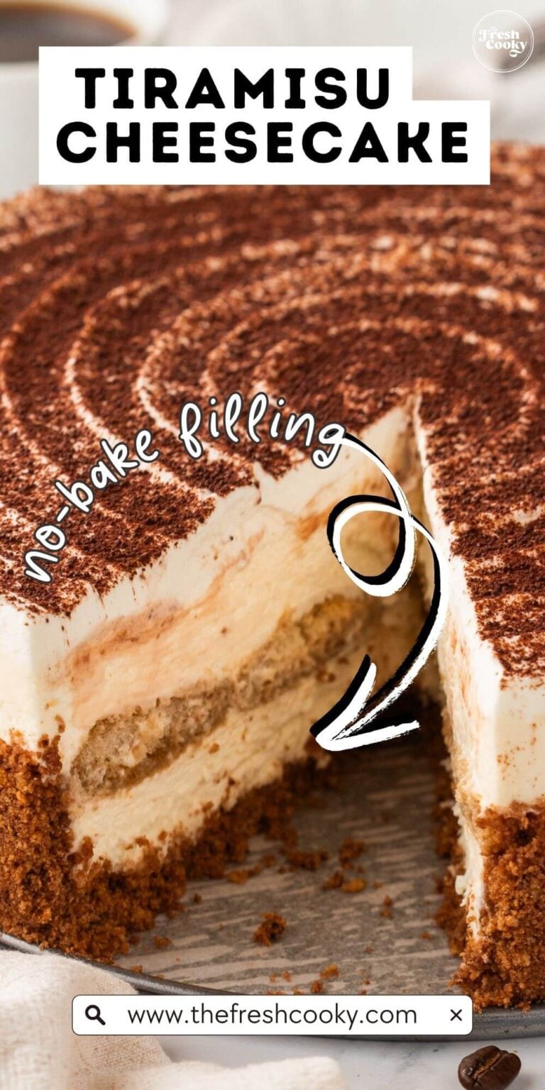 Tiramisu cheesecake with slice removed, for pinning.