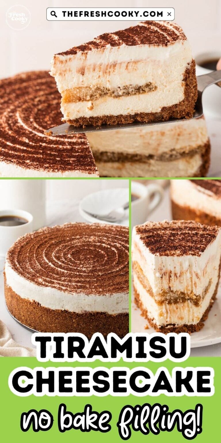 Tiramisu cheesecake whole and sliced, for pinning.