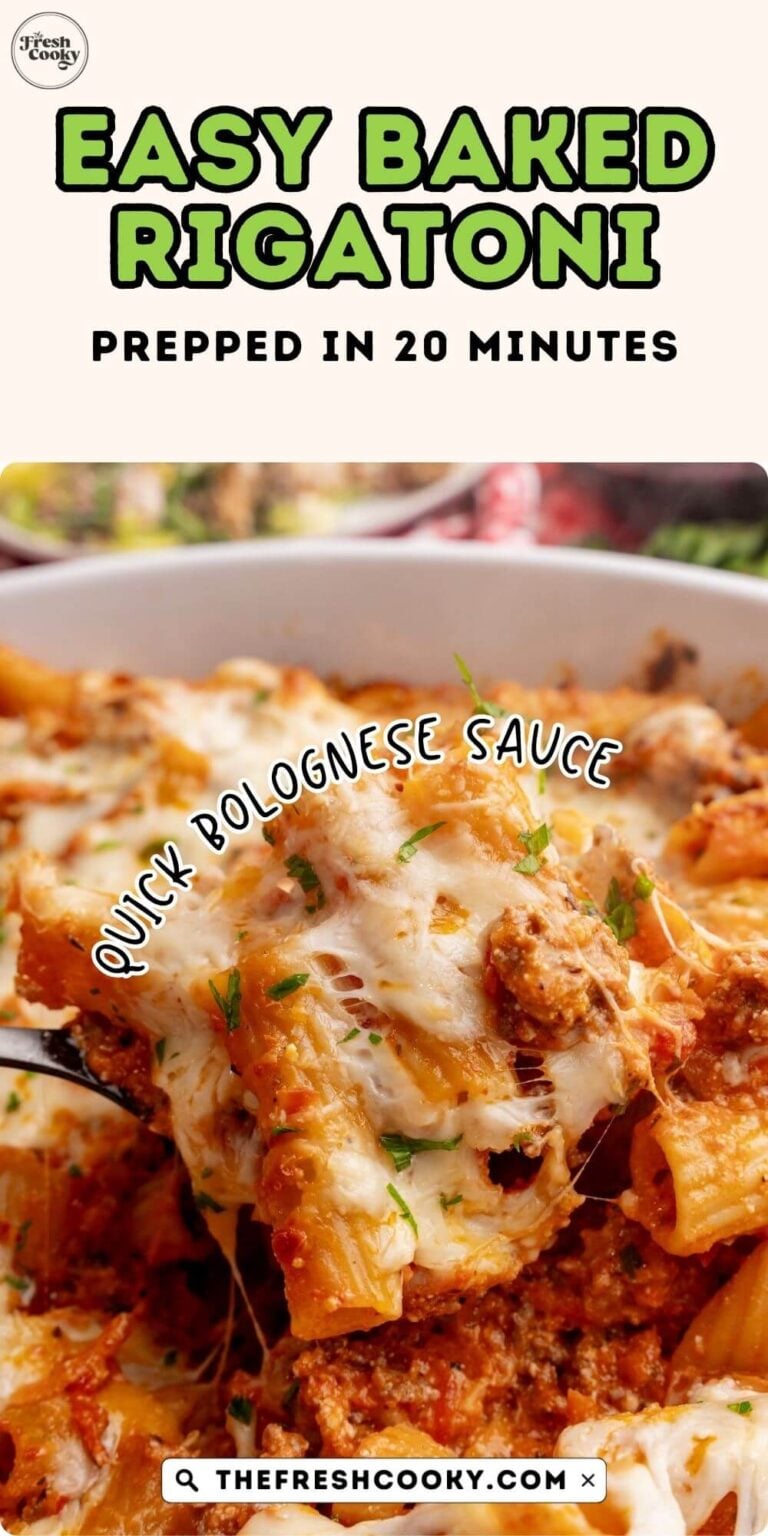 A pan of baked rigatoni all cheesy and meaty, for pinning.