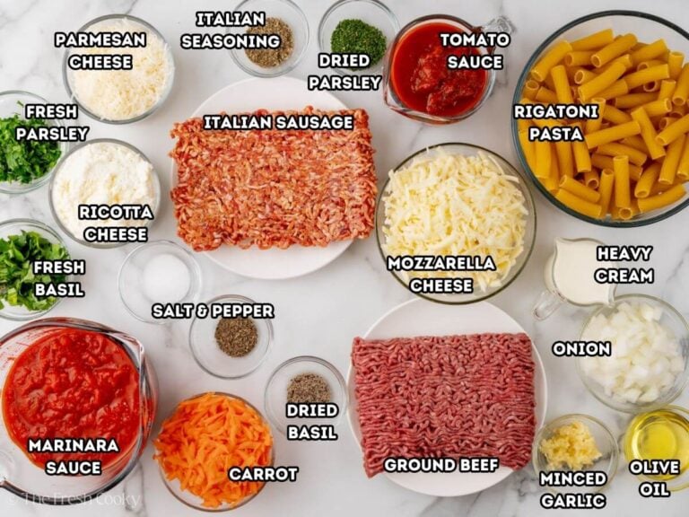 Ingredients needed to make baked rigatoni bolognese.