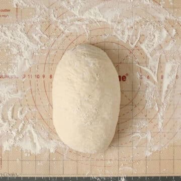 Bread dough on a flour surface after being shaped.